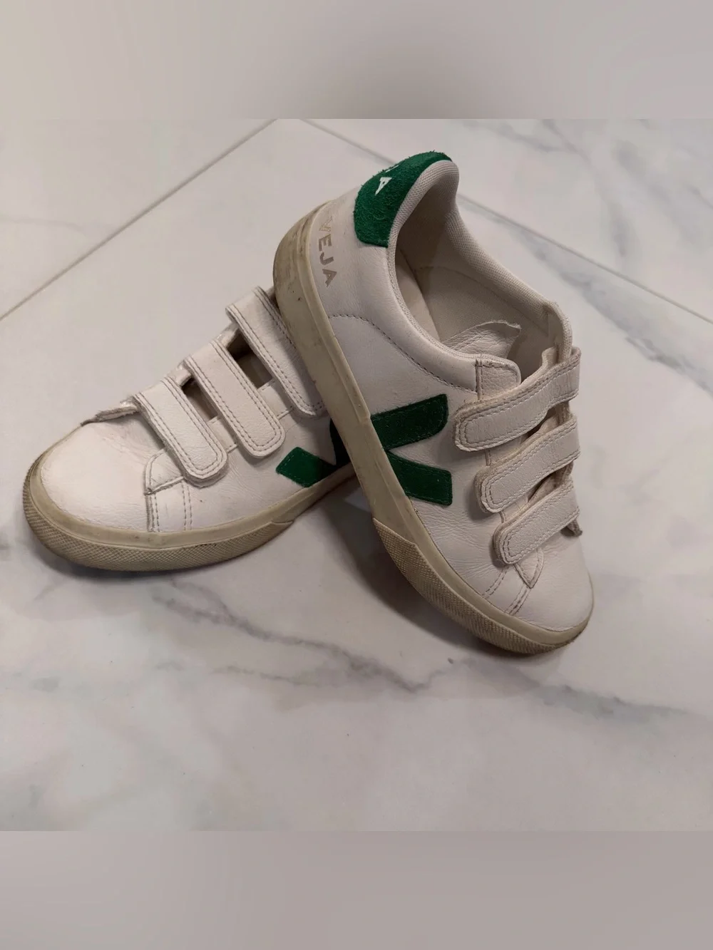 Veja Kids White Leather Sneakers with Green V and Velcro Straps